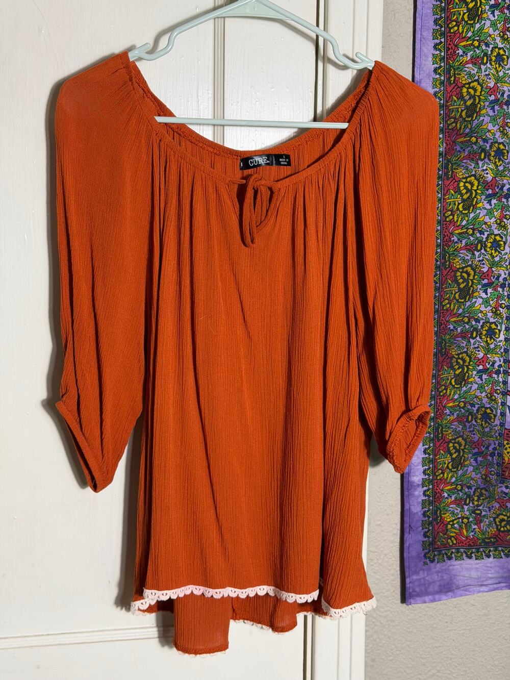 Cure Rust Orange Boho Peasant Blouse Women's L Crinkle Gauze Lace Trim Top